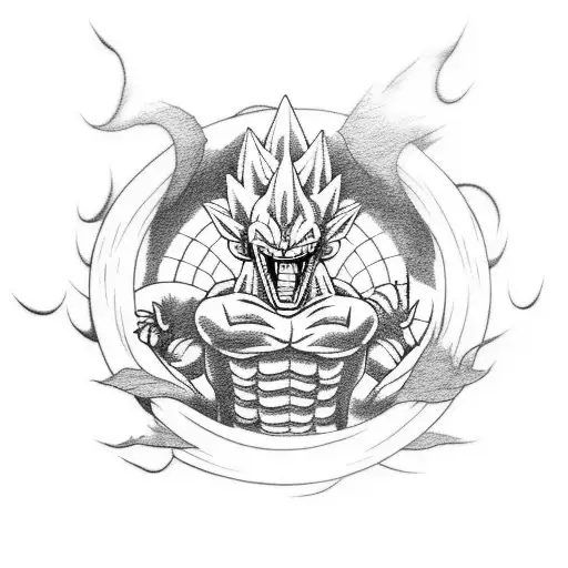 A minimalist dotwork tattoo of Shenron with Vegeta and Goku standing beside him tattoo design idea