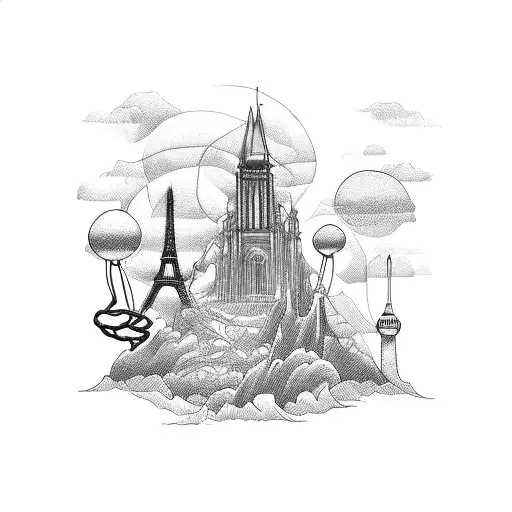 A rope intertwined with landmarks from different travel destinations tattoo design idea