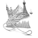 A rope intertwined with landmarks from different travel destinations tattoo design idea