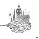 A rope intertwined with landmarks from different travel destinations tattoo design idea