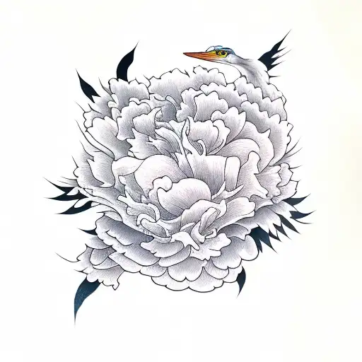 heron flying with peony tattoo design idea