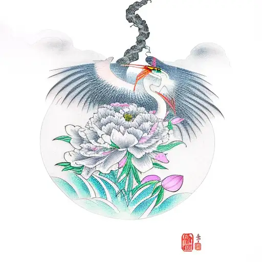 heron flying with peony tattoo design idea