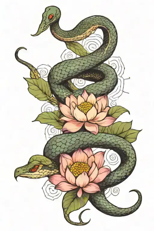 snake and lotus flower tattoo design idea