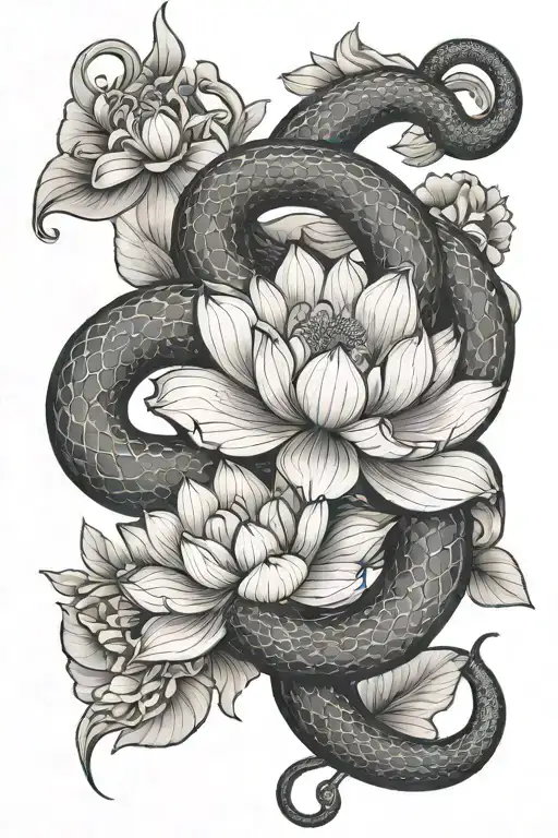 snake and lotus flower intertwined tattoo design idea