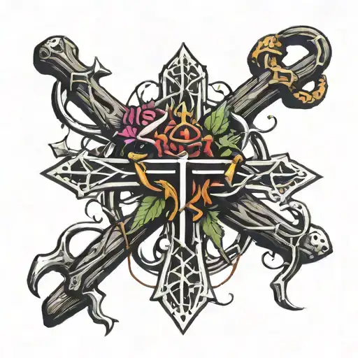 nail cross and crown of thorns tattoo design idea