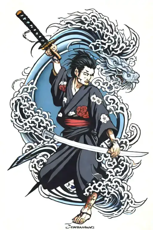Japanese waves, lightning strike and katana sword tattoo design idea