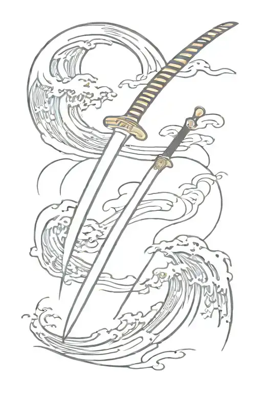 Japanese waves, lightning strike and katana sword tattoo design idea