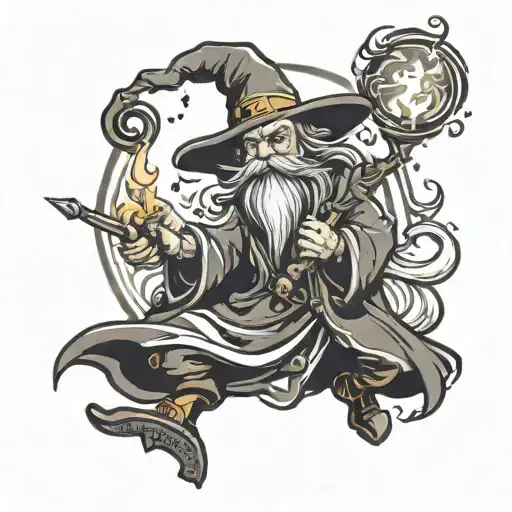 cartoon wizard casting fireball tattoo design idea