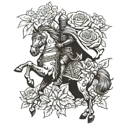 knight on horse and roses mayflowers hibiscus tattoo design idea
