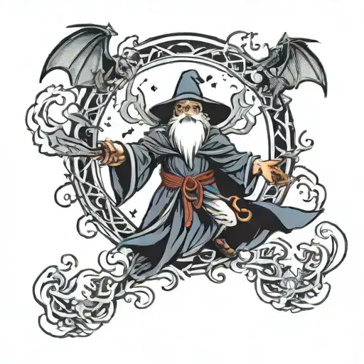 wizard summoning bats flying tattoo design idea