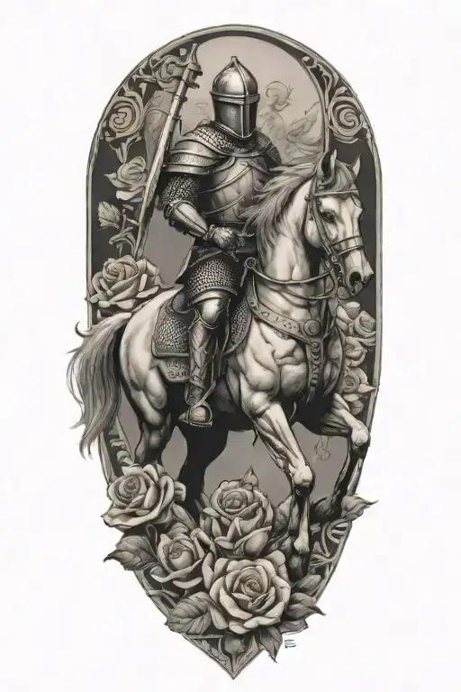 knight riding a horse and roses tattoo design idea