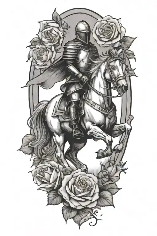 knight riding a horse and roses tattoo design idea