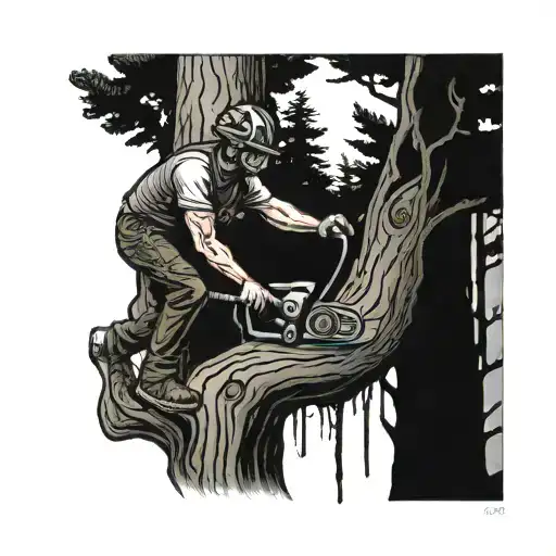 guy cutting tree down with chainsaw inside West Virginia outline tattoo design idea