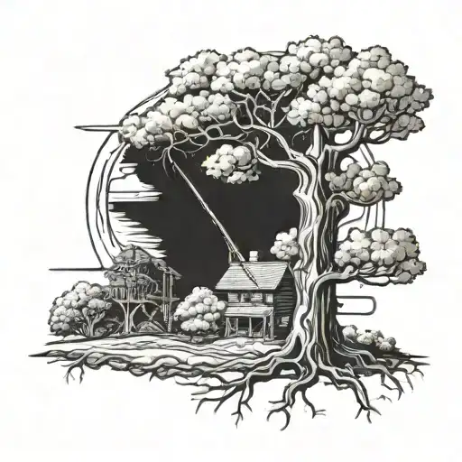 A detailed blackwork tattoo of a majestic oak tree being cut down by a chainsaw, with sawdust flying everywhere, set against a scenic West Virginia backdrop tattoo design idea