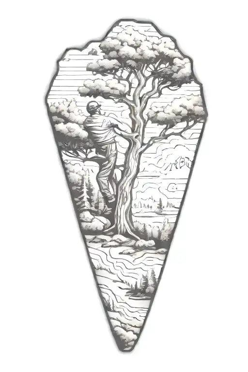 man cutting tree down outline of West Virginia state outline filled tattoo design idea