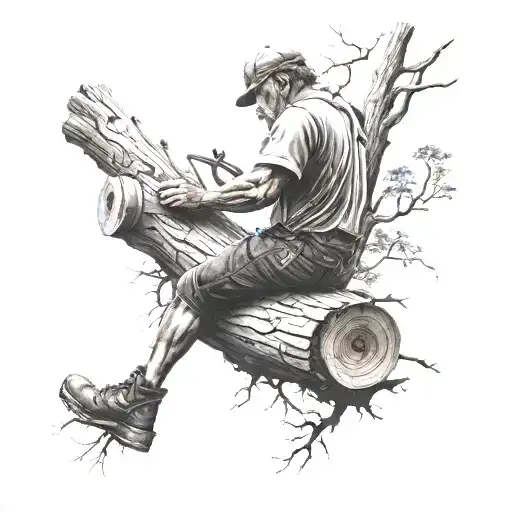 A black-grey tattoo of a woodworker crafting a masterpiece from a fallen tree, symbolizing the cycle of life and the art of woodworking tattoo design idea