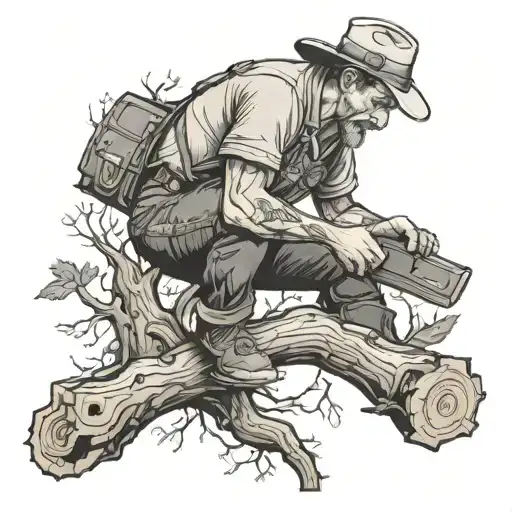 A black-grey tattoo of a woodworker crafting a masterpiece from a fallen tree, symbolizing the cycle of life and the art of woodworking tattoo design idea