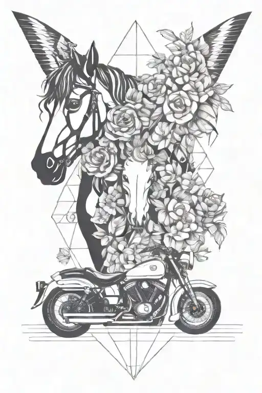 locomotives, wine glass, motorcycles, music, helicopters, unicorns, flowers tattoo design idea