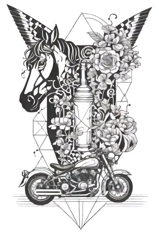 locomotives, wine glass, motorcycles, music, helicopters, unicorns, flowers tattoo design idea