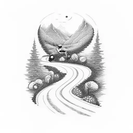 A dotwork design of a cyclist riding up a winding road, with the words 'Remember why' incorporated into the landscape tattoo design idea