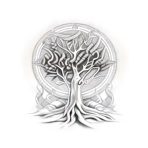 An olive tree with the four religious symbols - Jewish, Islamic, Christian and Zoroastrian together tattoo design idea