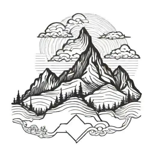 A delicate blackwork tattoo of a mountain range with a subtle Christian symbol incorporated, representing the strength and beauty of motherhood. tattoo design idea