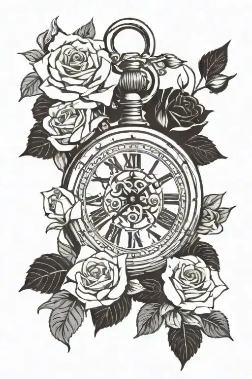 stop watch with roses tattoo design idea