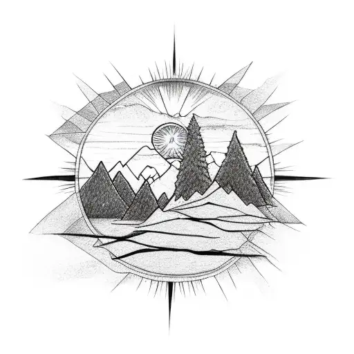 trees, mountains, three crosses, sun rays tattoo design idea
