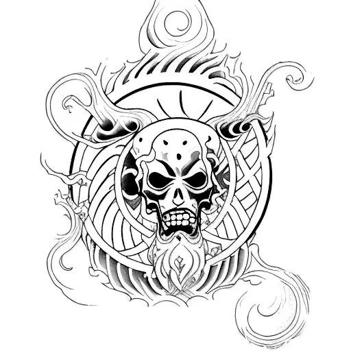 Create a tattoo inspired by the Man of Vitruvian with a Manga One Piece twist with wave of kanagawa tattoo design idea