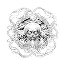 Create a tattoo inspired by the Man of Vitruvian with a Manga One Piece twist with wave of kanagawa tattoo design idea