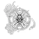 Create a tattoo inspired by the Man of Vitruvian with a Manga One Piece twist with wave of kanagawa tattoo design idea