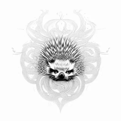 An intricate design of a porcupine surrounded by swirling waves tattoo design idea