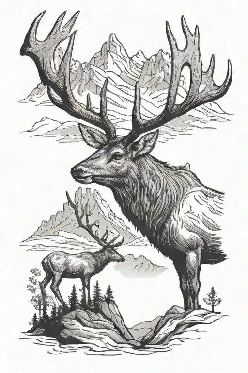 elk antler, mountains, father and daughter holding hands tattoo design idea
