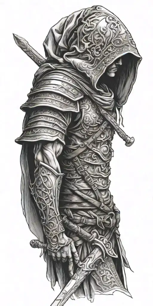 hooded warrior wielding a sword tattoo design idea