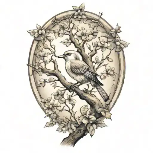 bird in tree single branch representing children  tattoo design idea