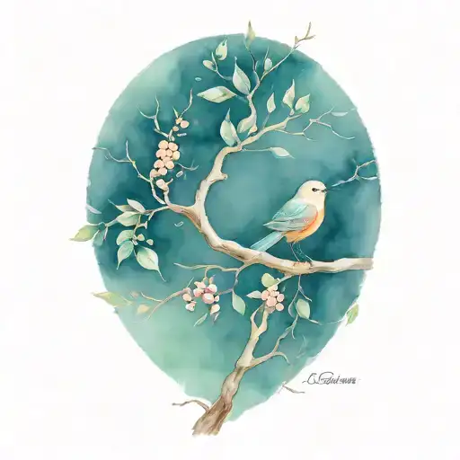 bird in tree single branch representing children  tattoo design idea