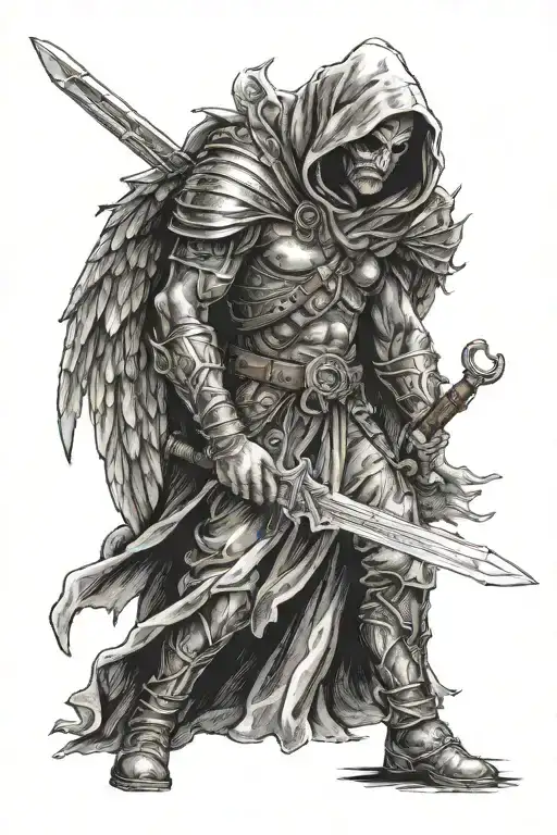 hooded warrior angel holding a sword tattoo design idea