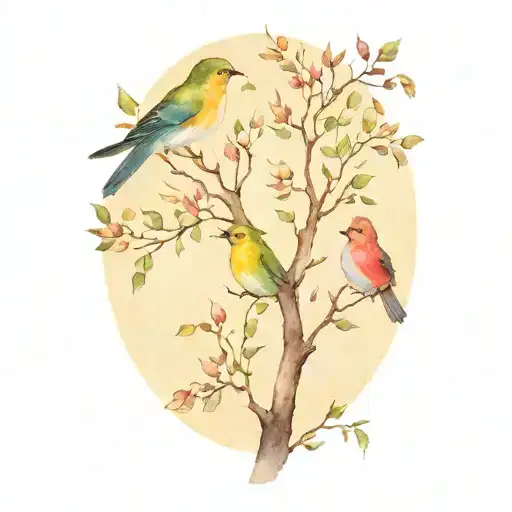 bird in tree single branch representing  3 children  tattoo design idea