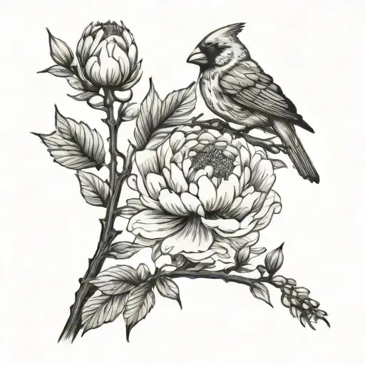 peony flower and cardinal growing same branch representing tattoo design idea