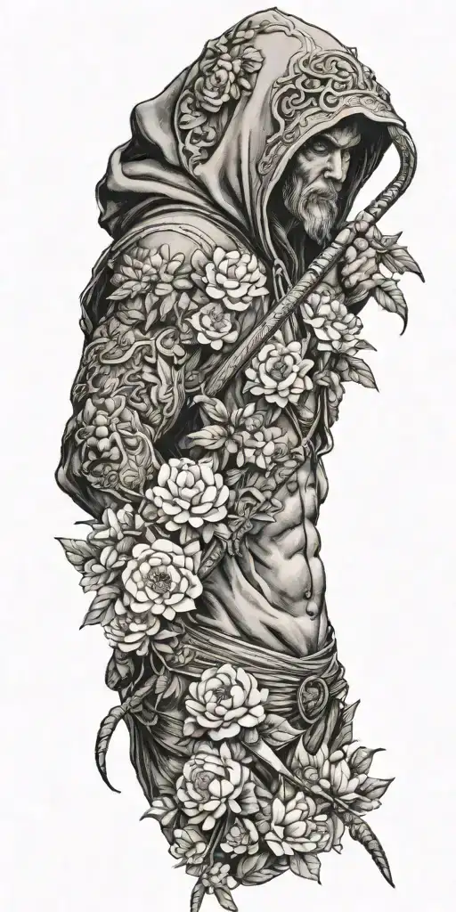 hooded warrior agel wielding a sword piercing a snake in peonies flowers tattoo design idea