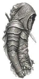 hooded warrior wielding a sword tattoo design idea