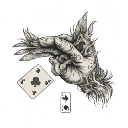 A zombie hand reaching out from a pile of feathers, holding a deck of playing cards tattoo design idea