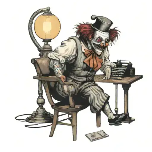 clown sitting at a desk in a old time suit with suspenders using an adding machine in a dark room with only desk lamp tattoo design idea