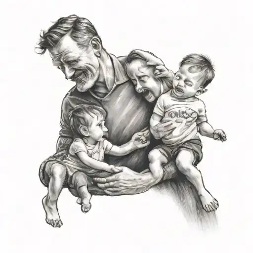 A trust symbol incorporated into a heartwarming scene of a father playing with his children, showcasing the bond between family and trust tattoo design idea