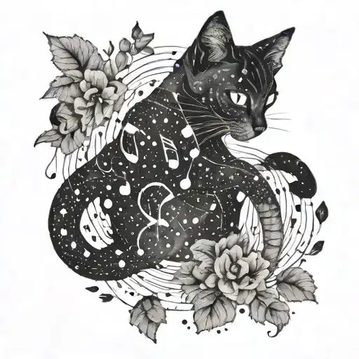 A dreamy scene of a Pisces constellation made up of music notes and cat paw prints tattoo design idea