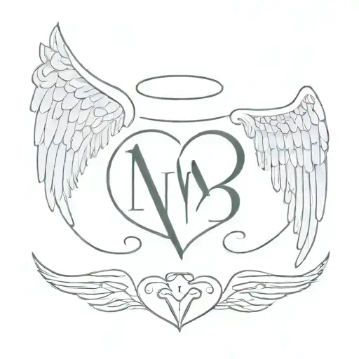 angel wings, with initial and date aroud heart tattoo design idea