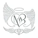 angel wings, with initial and date aroud heart tattoo design idea