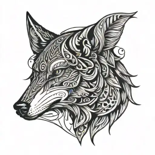 Design a tattoo that combines a wolf, Valknut symbol, raven, and owl in a cohesive and intricate style. The wolf should  tattoo design idea