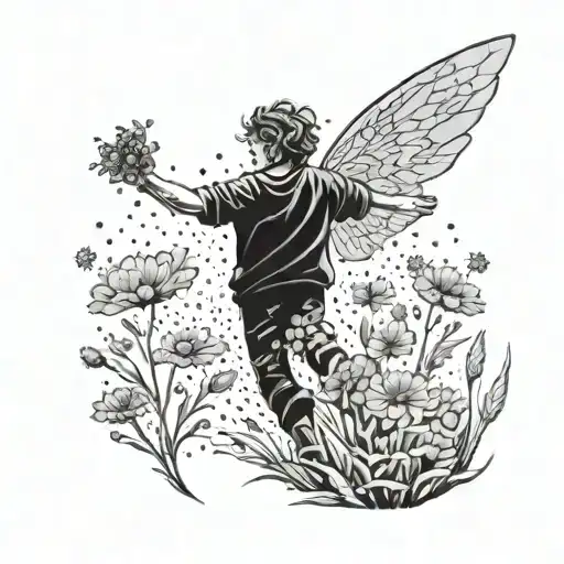 A mesmerizing scene of a sprite casting spells in a field of colorful flowers tattoo design idea