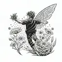 A mesmerizing scene of a sprite casting spells in a field of colorful flowers tattoo design idea